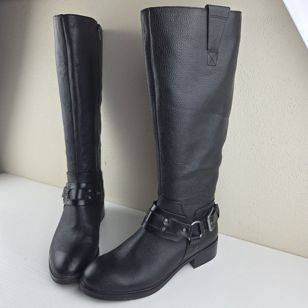 Nine West Jamisono Black Pebbled Leather Moto Riding Tall Side Zip Boots Wmns 8M